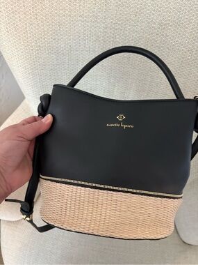 Nanette Lepore Black & Natural Woven Top-Handle Bucket Bag